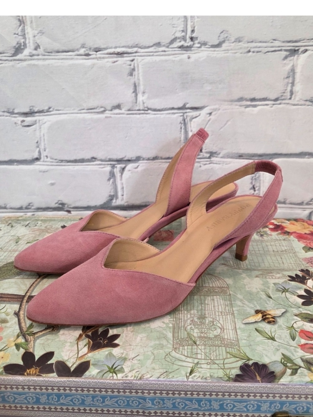 Poppy Barley Dusty Pink Suede Slingback Kitten Heels